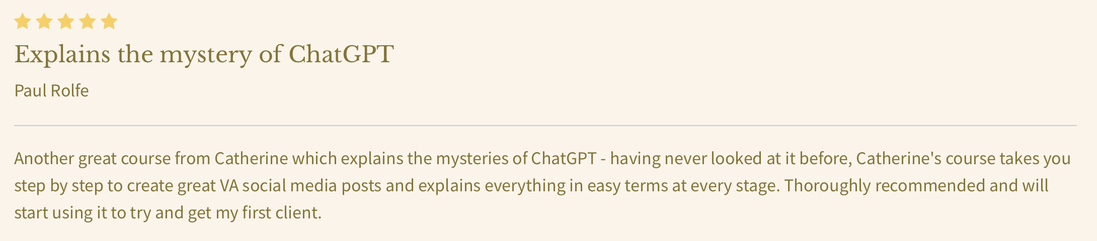 Reviews of Catherine Gladwyn's Train ChatGPT to write your social media posts as if it's you course Reviews of Catherine Gladwyn's Train ChatGPT to write your social media posts as if it's you course